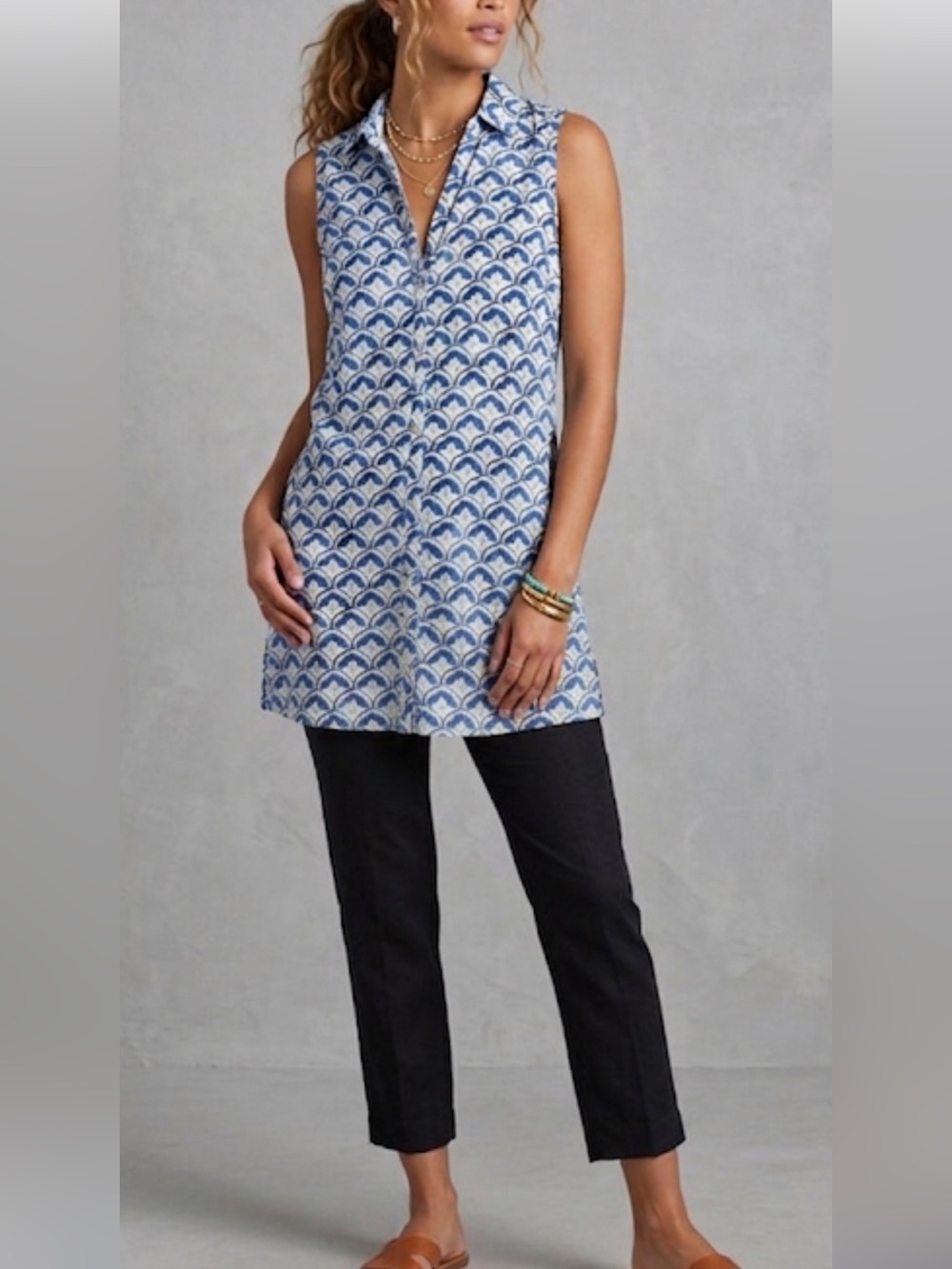Sigrid Olsen Blue White Block Print Linen Dress Medium Sleeveless Button Front